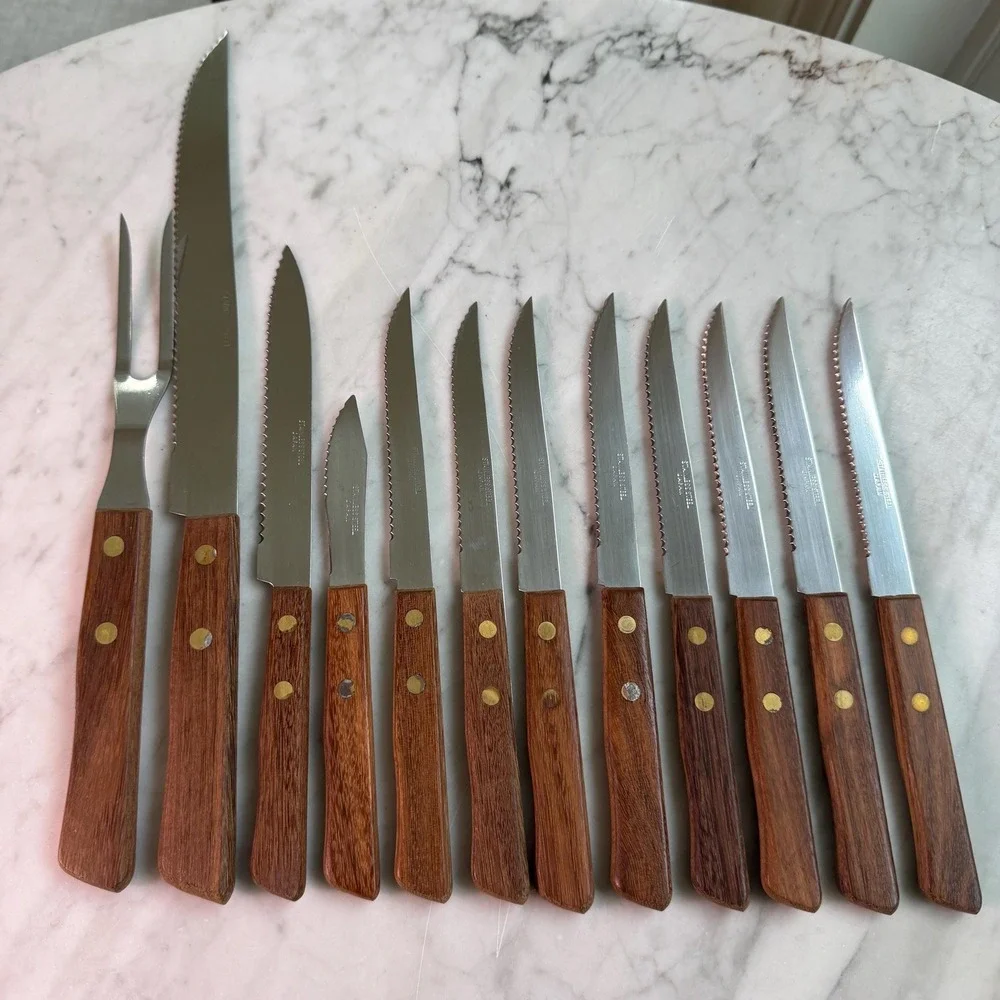 VTG 70s Mid Century Flatware Wood Handle Cutlery Set Japan Carving Knife Fork